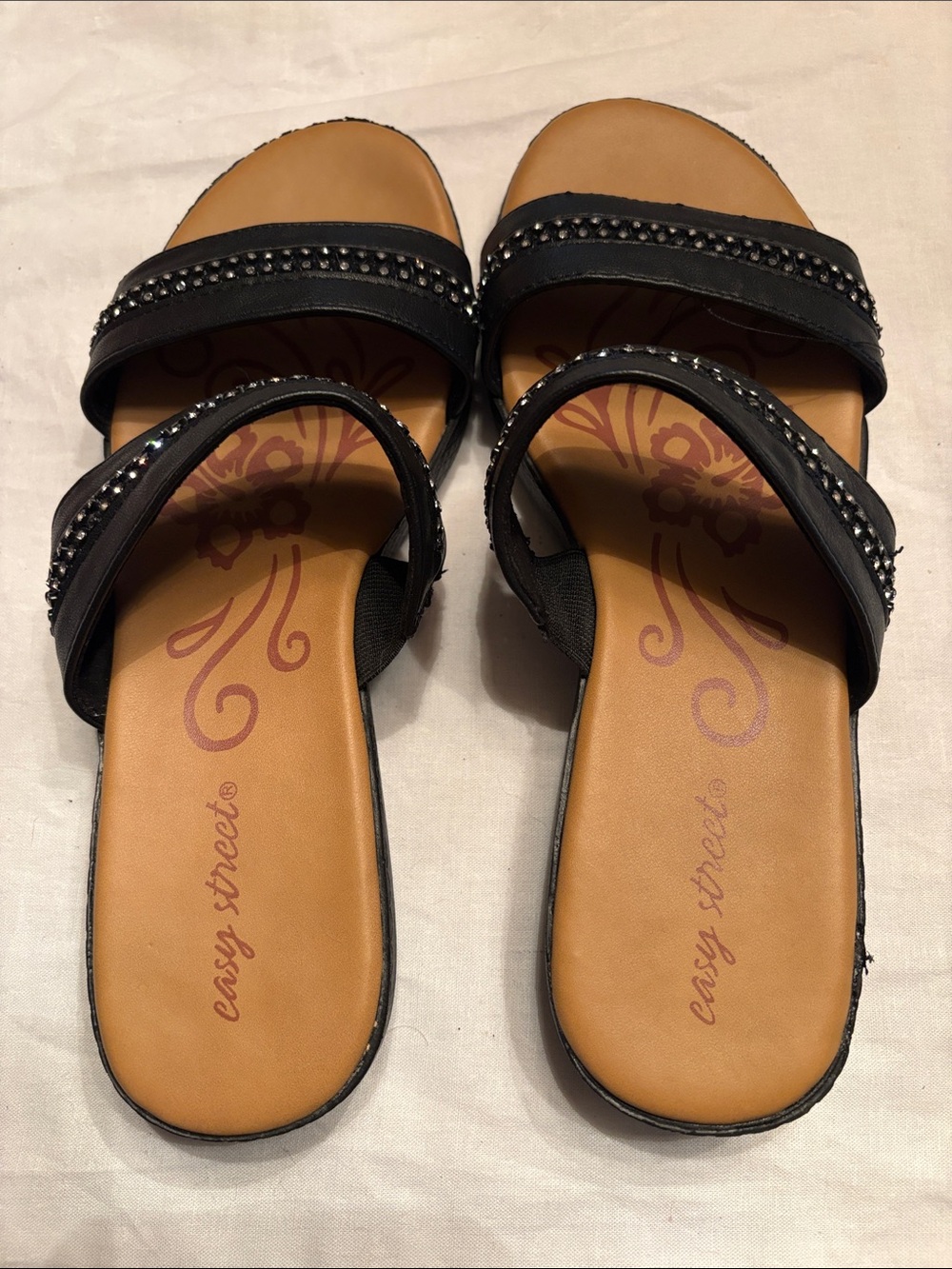 easy street Black Double-Strap Beaded Slide Sandals